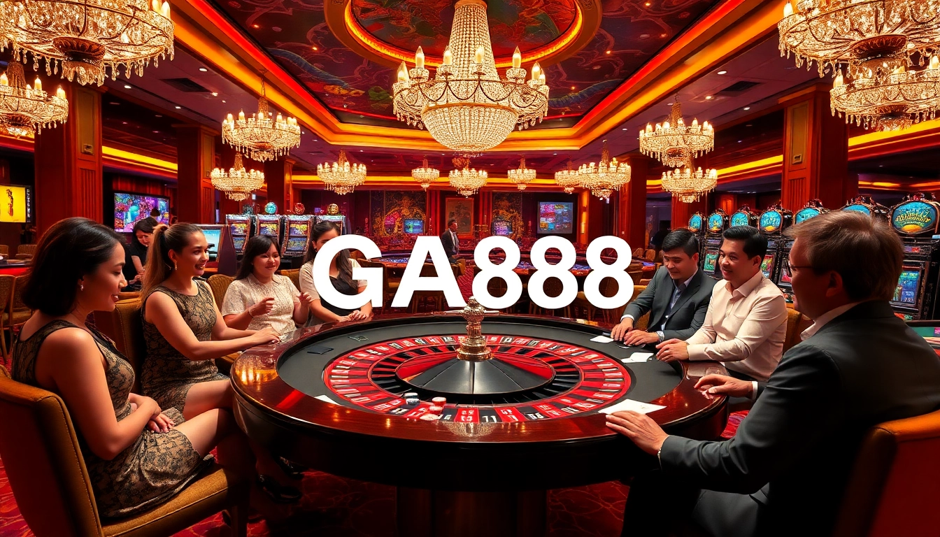 GA888 players enjoying a thrilling game at the roulette table in a lavish casino.