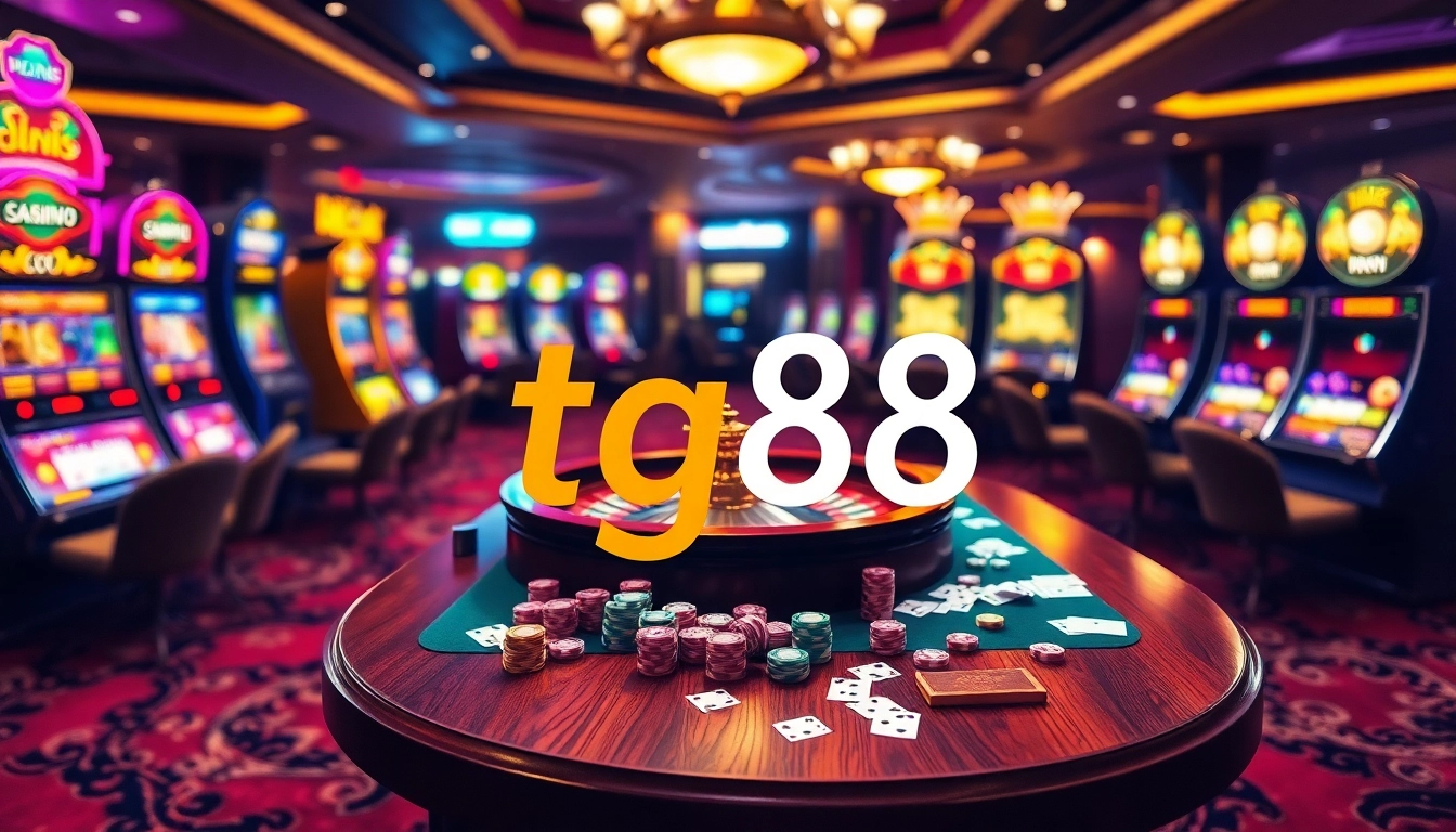 Experience the thrill of gambling with tg88 at a luxurious casino table filled with vibrant poker chips and cards.