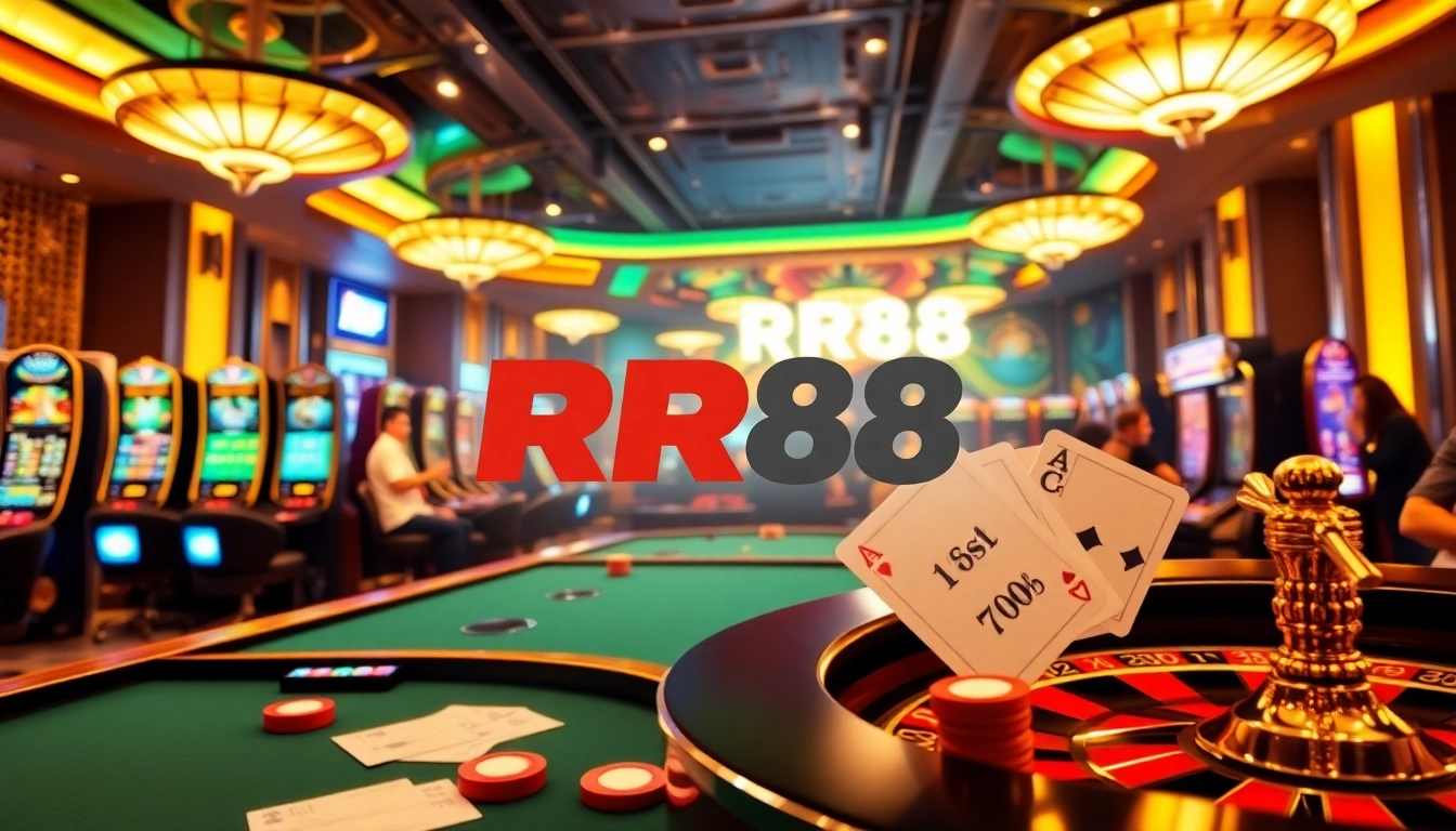 Exciting gaming atmosphere at RR88 casino with poker tables and slot machines.