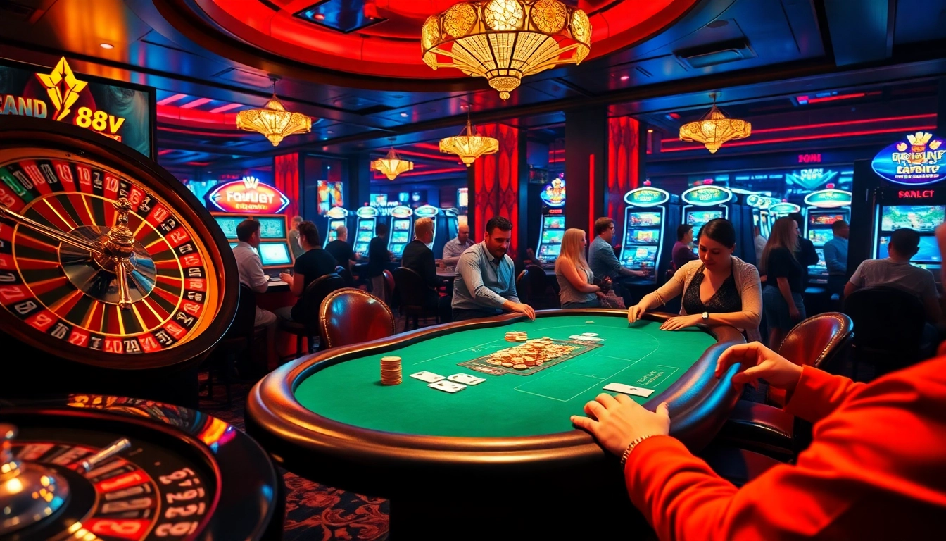 Players enjoying high-stakes gambling at 88vv's luxurious casino table with vibrant atmosphere.