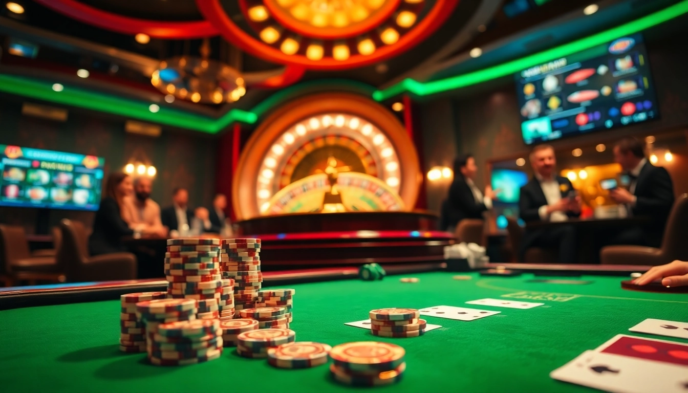 Experience the excitement of gambling at rikvip with poker chips and roulette wheels in a luxurious casino setting.