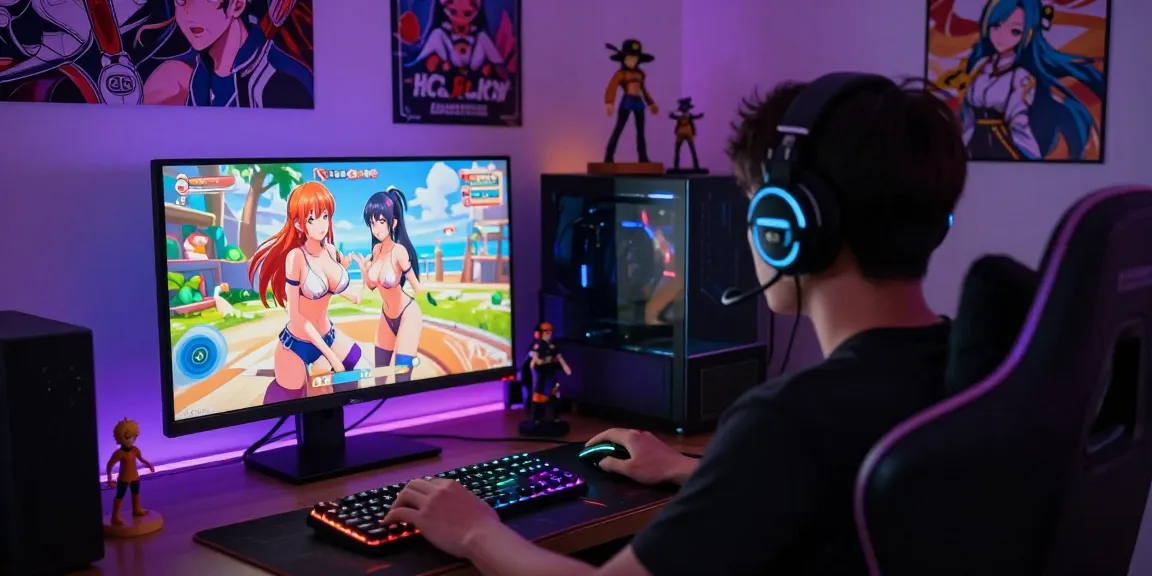 Player immersed in a hentai game, surrounded by gaming merchandise in a vibrant atmosphere