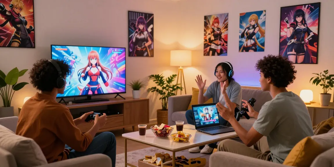 Friends playing hentai games online together in a cozy living room, showcasing an engaging gaming atmosphere.